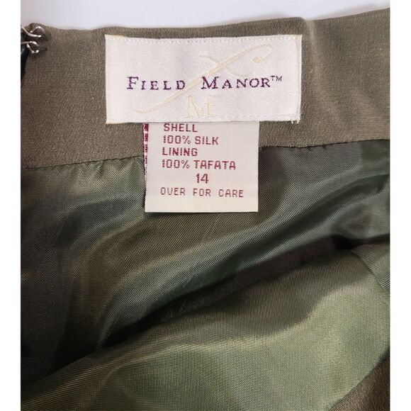 Field Manor 100% Silk Olive Green Skirt Women’s Size 14 Lined Classic - Picture 3 of 5